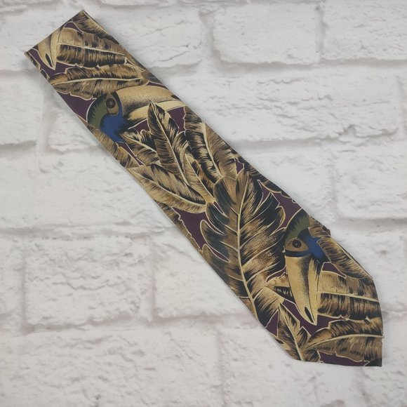 Vintage Mens Ted Lapidus silk necktie tie toucan bird tropical leaf Italy made - Picture 2 of 8